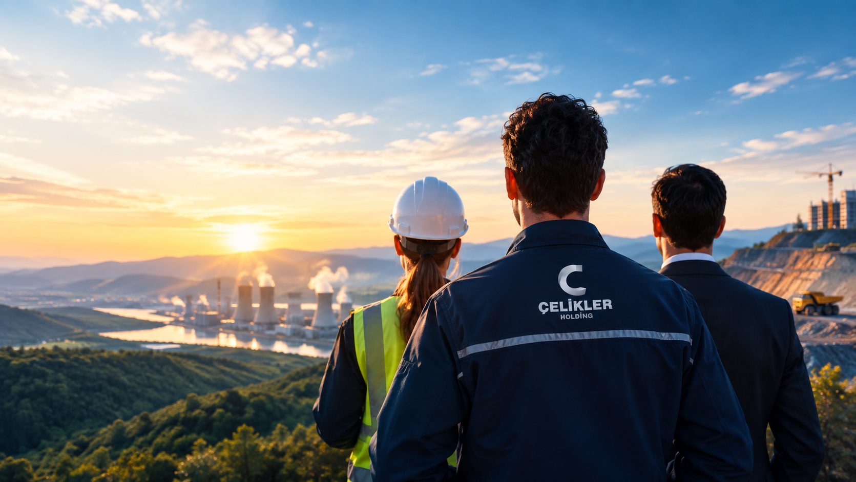 Çelikler Holding çalışanları gün batımında termik santral, maden sahası ve şantiyeye bakıyor